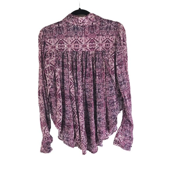 Free People Button-Up Blouse Round Hem Paisley Print Long Sleeve Boho Red XS - Picture 2 of 3